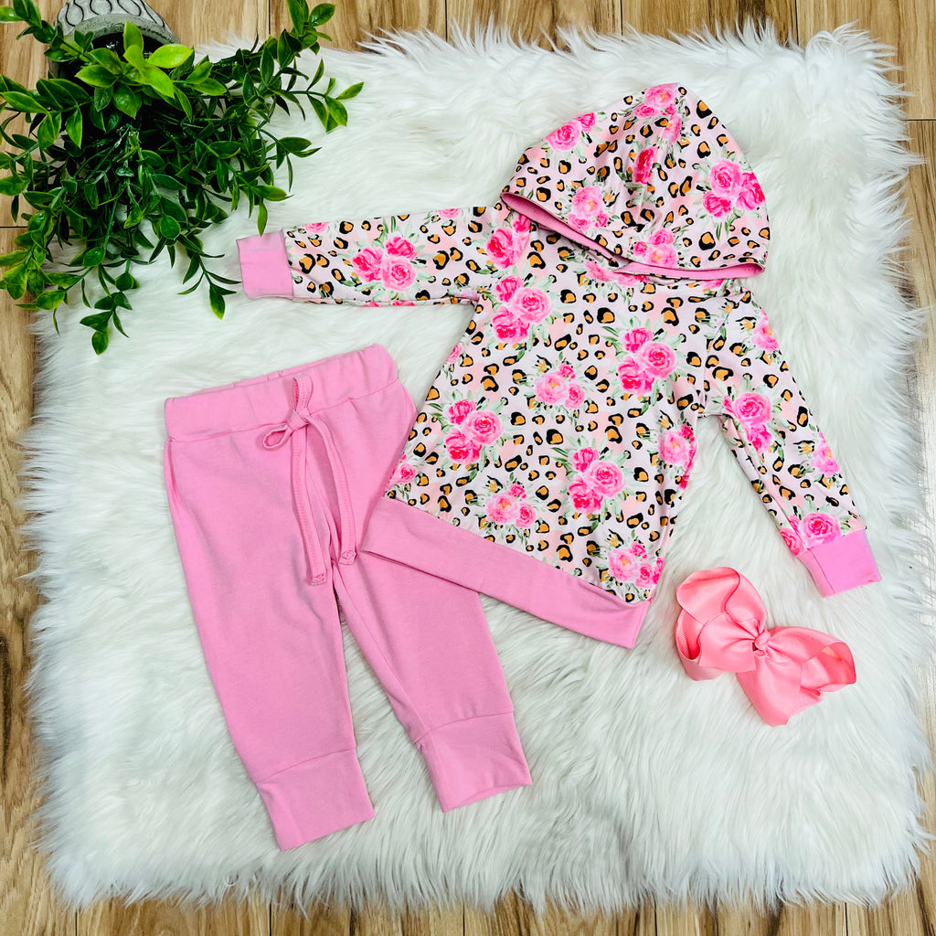 Girls Pink Floral and Cheetah Print Set