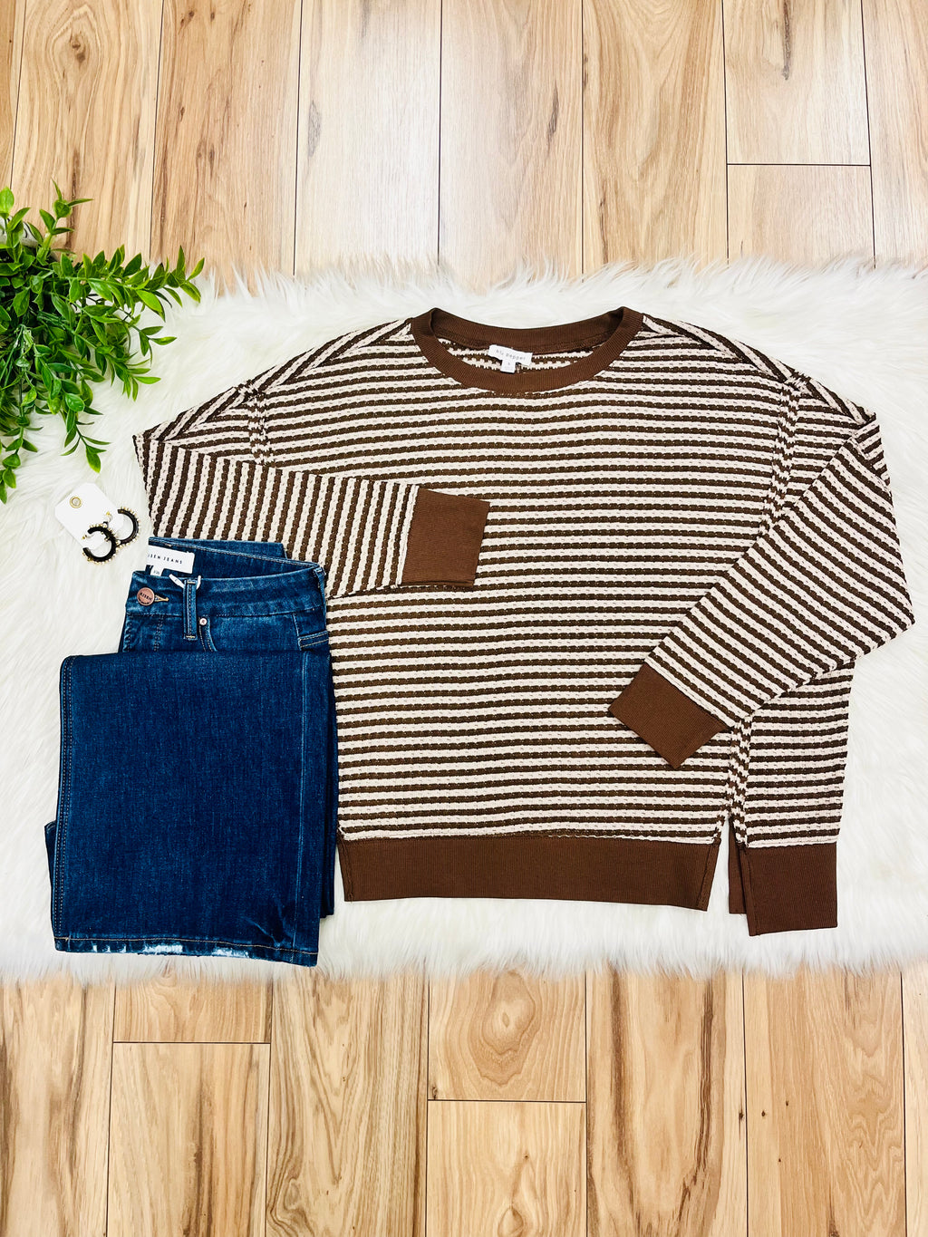 Women’s Mocha Brown Stripe Exposed Seam Split Hem Top by Blu Pepper- Loose Fit