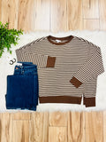 Women’s Mocha Brown Stripe Exposed Seam Split Hem Top by Blu Pepper- Loose Fit