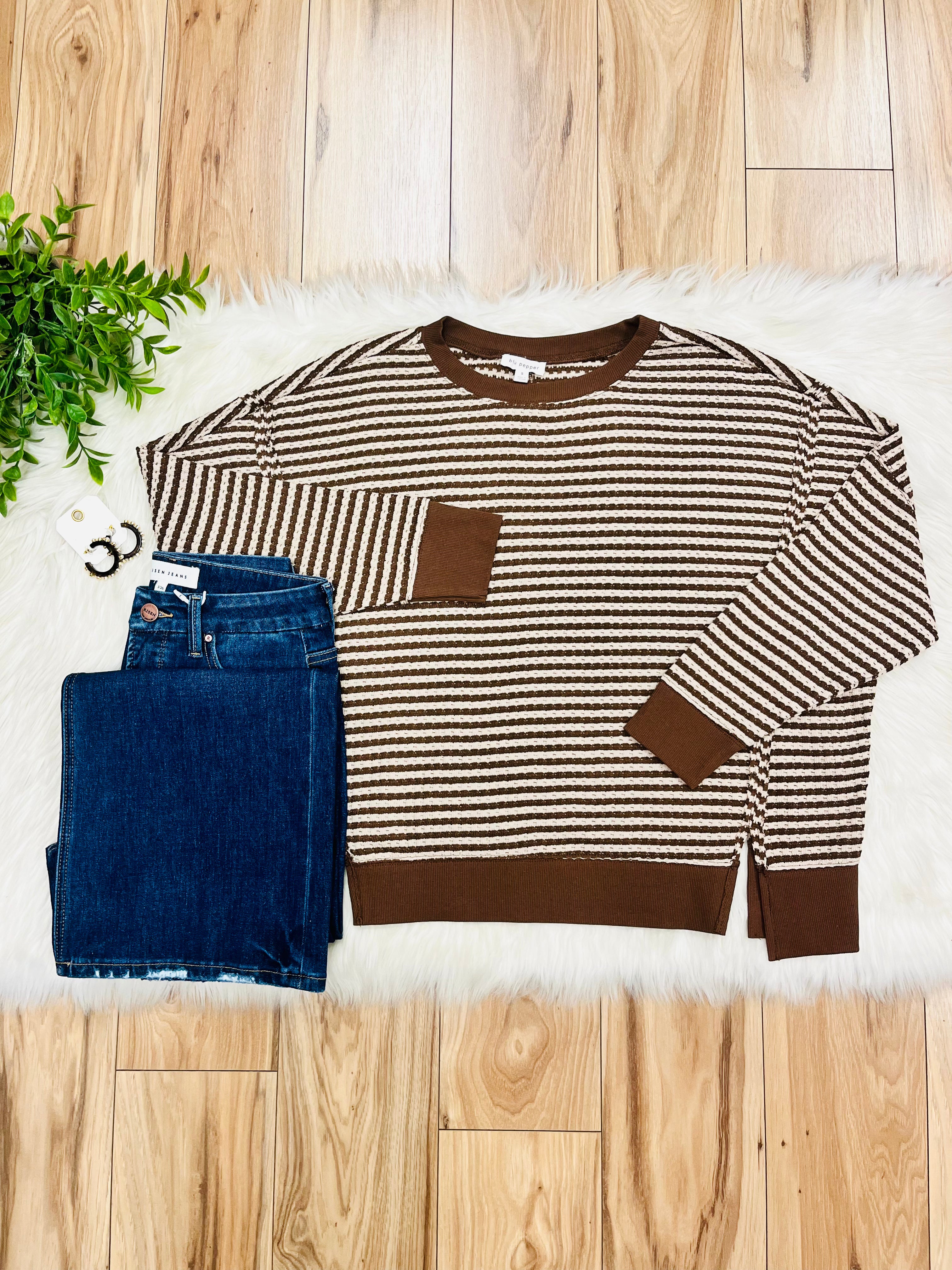 Women’s Mocha Brown Stripe Exposed Seam Split Hem Top by Blu Pepper- Loose Fit