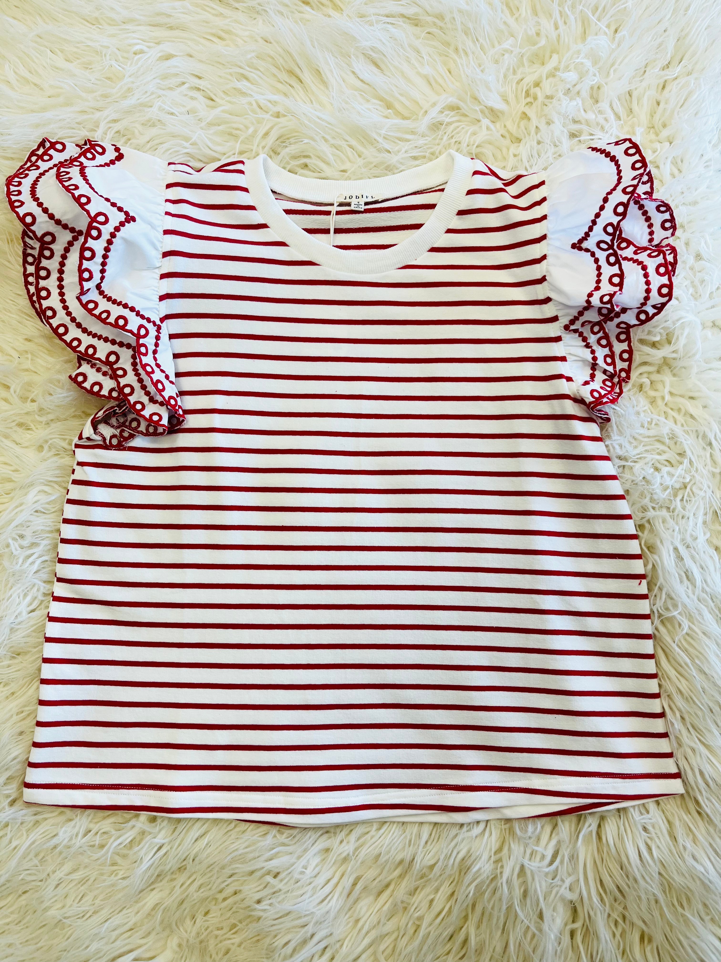 Women’s Red and White Ruffle Sleeve Top