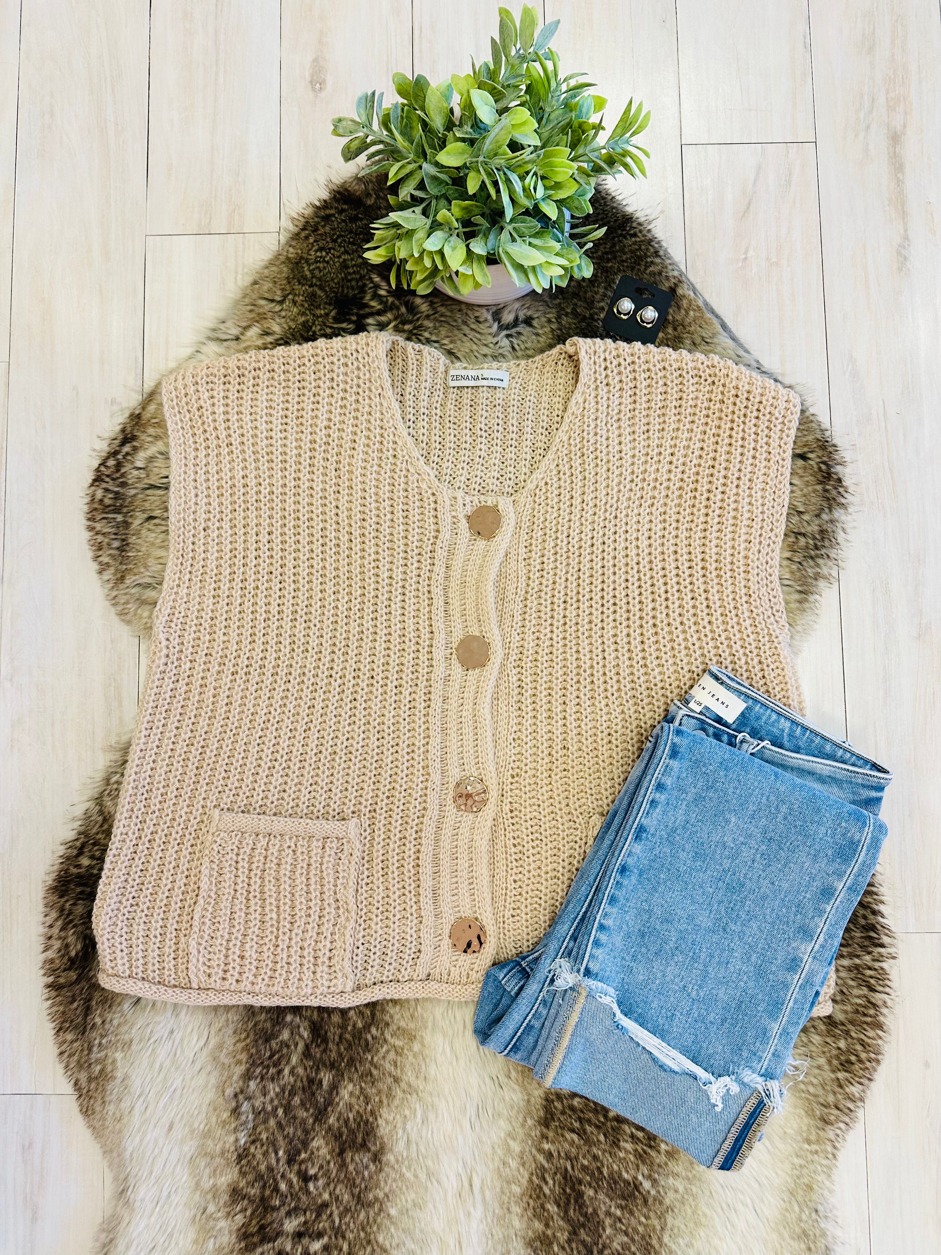 Women’s Taupe Knitted Button Down Vest Top by Zenana- Loose Fit