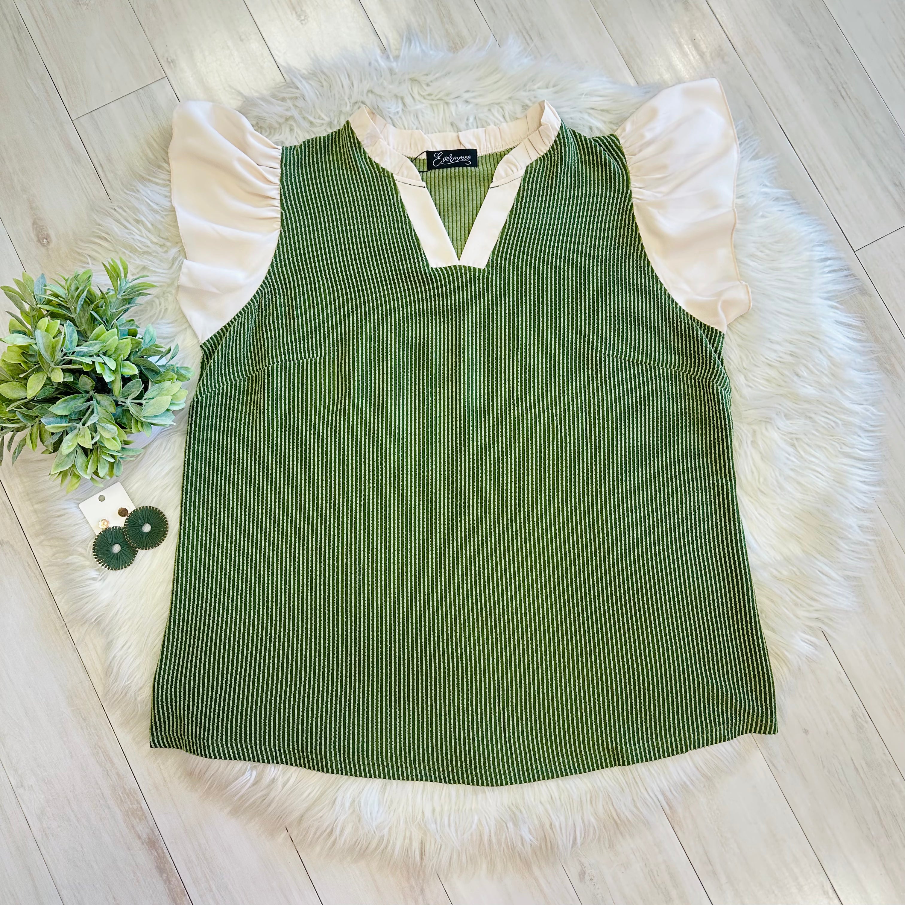 Women’s Evermmee Olive Green Ribbed Top with Flutter Sleeves