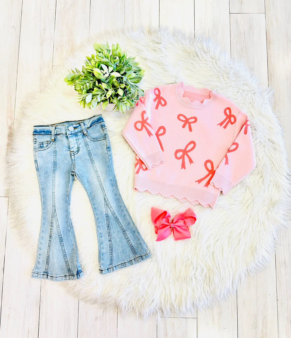 Girls Pink Bow Print Scalloped Sweater