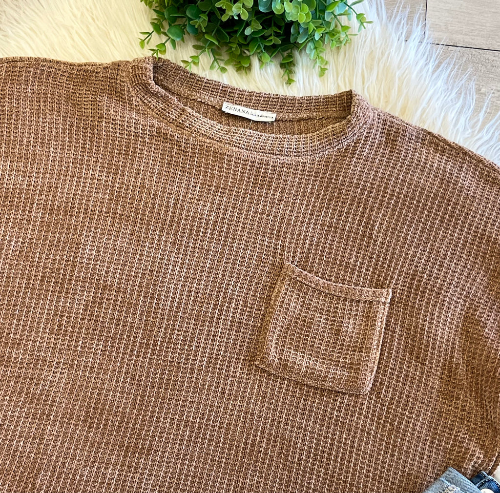 Women’s Zenana Soft Waffle Knit Pocket Top In Camel - Oversized