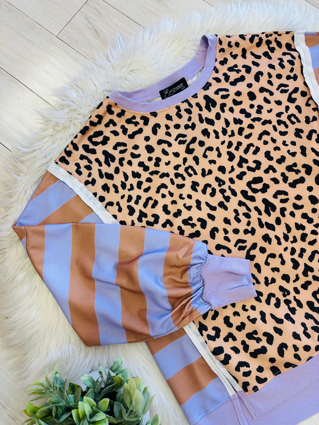 Women’s Evermmee Leopard Print Top with Purple Stripes