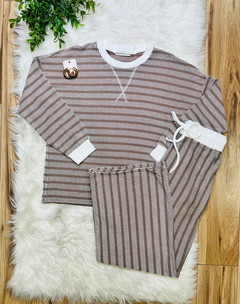 Women’s Zenana Mocha Striped Ribbed Pant Set