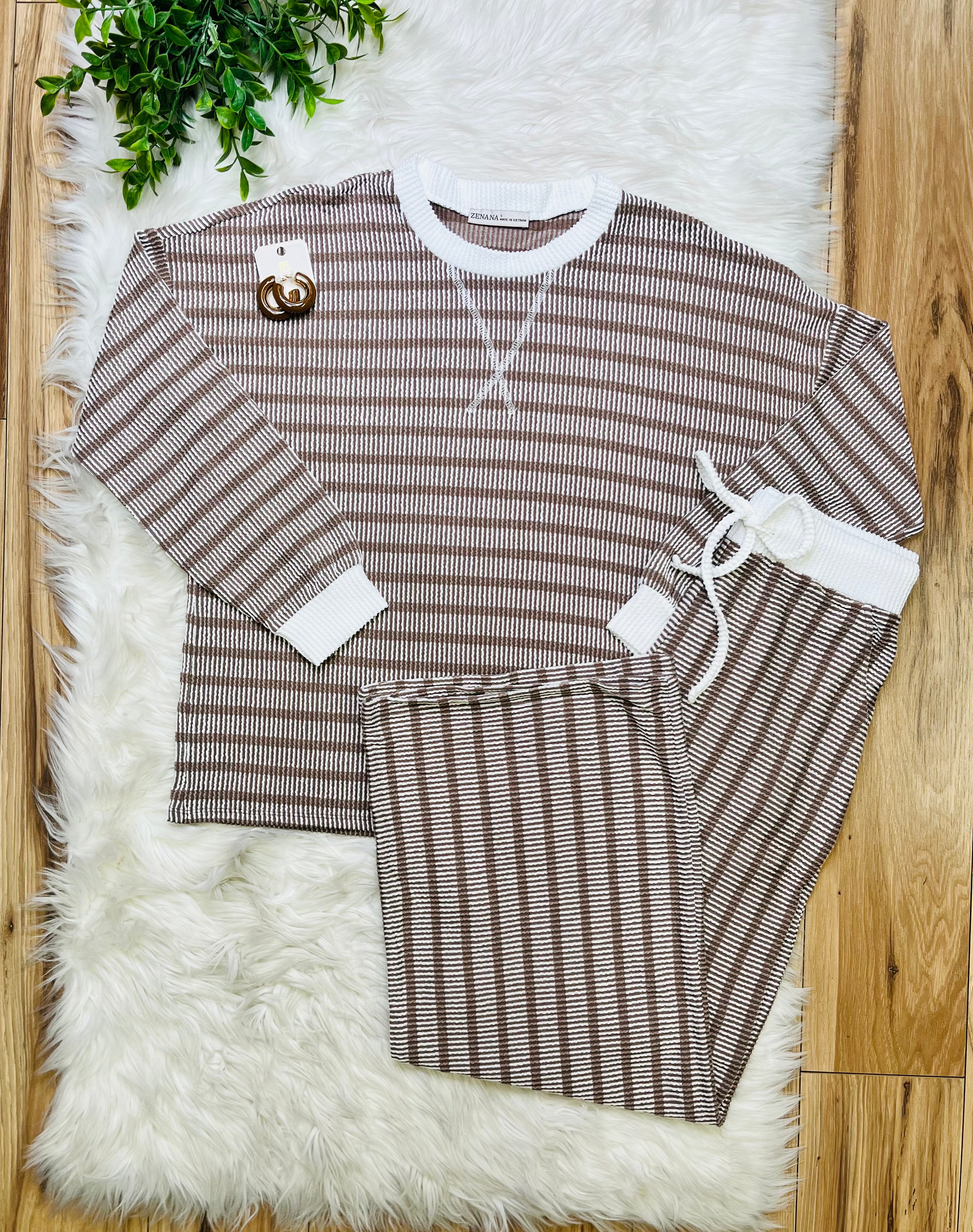 Women’s Zenana Mocha Striped Ribbed Pant Set