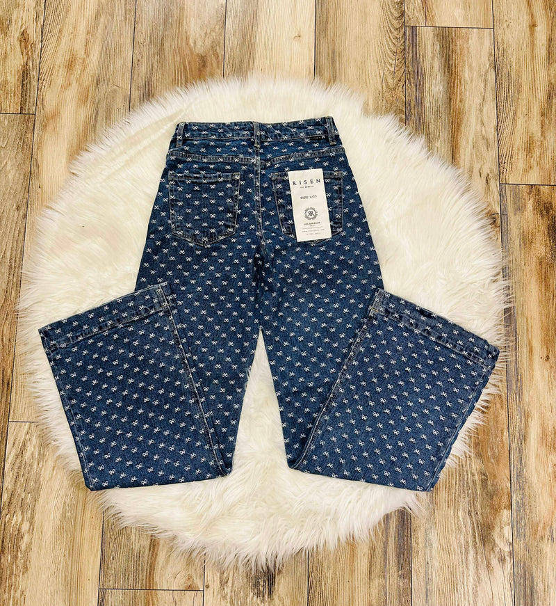 Risen High Rise Wide Leg Bow Embroidered Jeans Style 1362