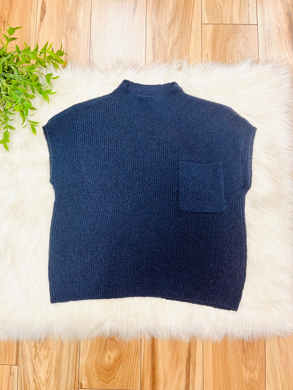 Women’s Navy Pocket Detail Drop Shoulder Short Sleeve Sweater Top by Blu Pepper- True to Size
