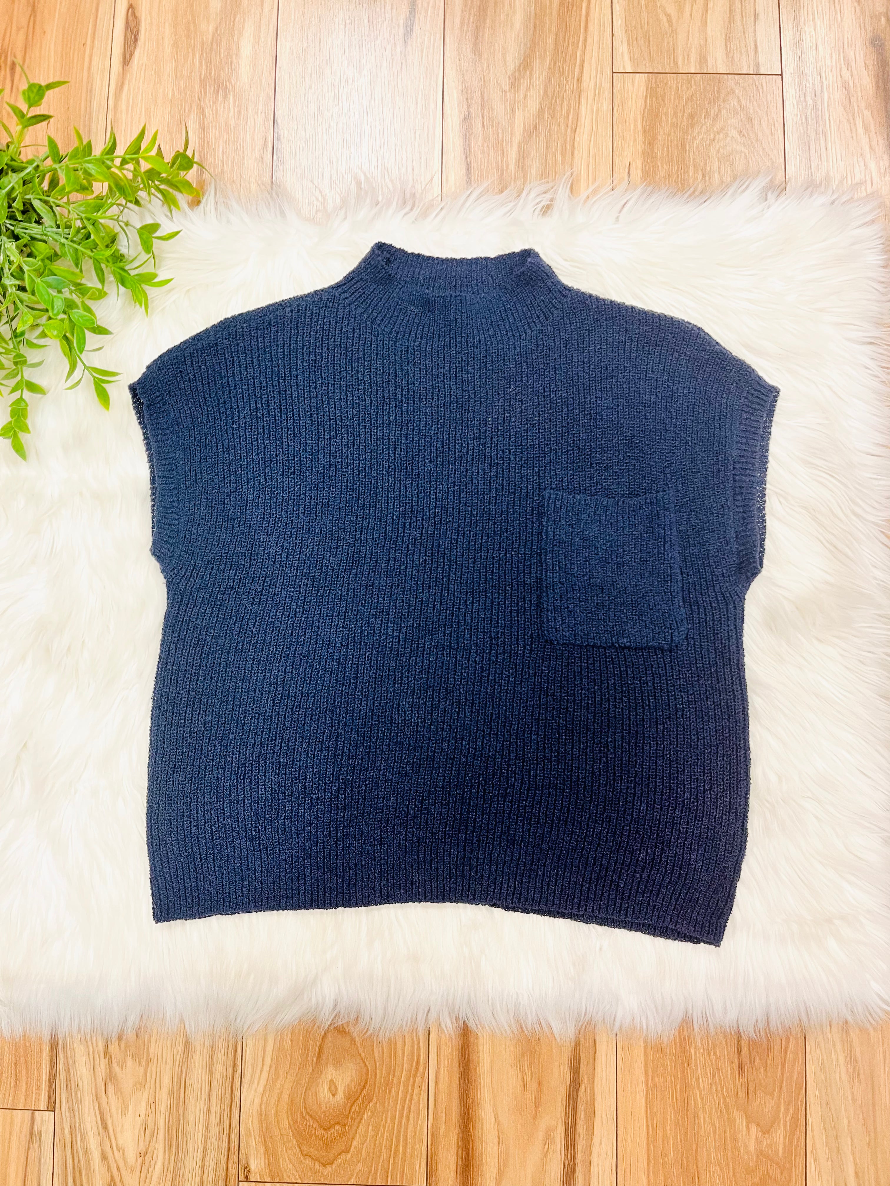 Women’s Navy Pocket Detail Drop Shoulder Short Sleeve Sweater Top by Blu Pepper- True to Size
