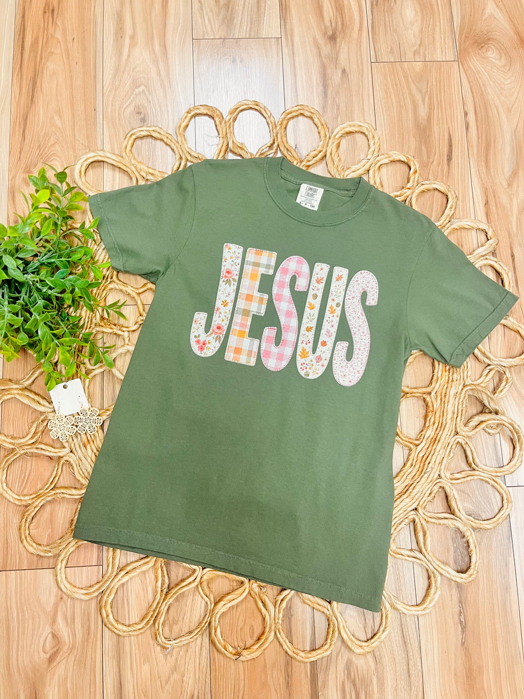 Women’s Comfort Colors Olive Green Jesus Mixed Print Tee