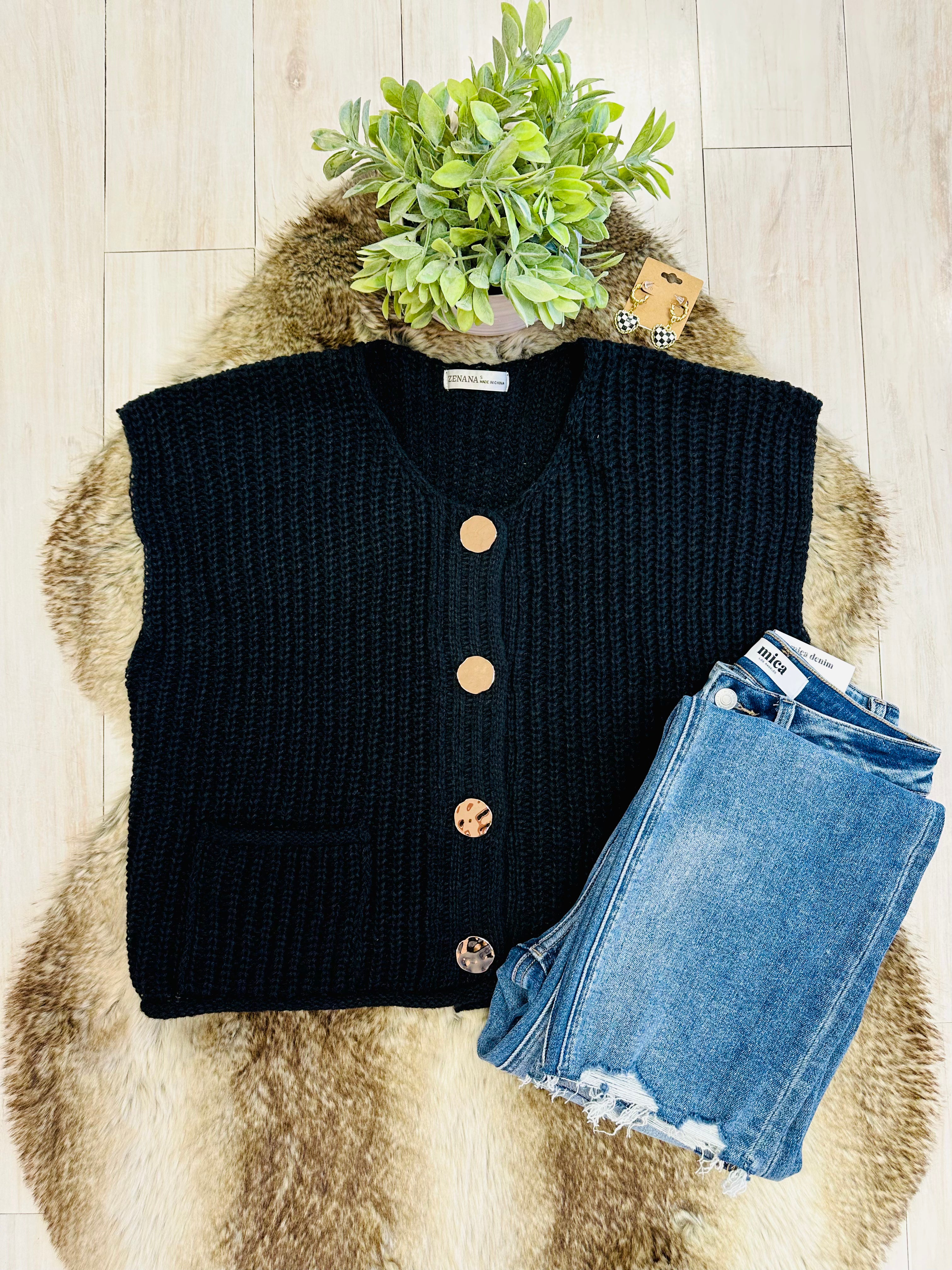 Women’s Black Knitted Button Down Vest Top by Zenana- Loose Fit