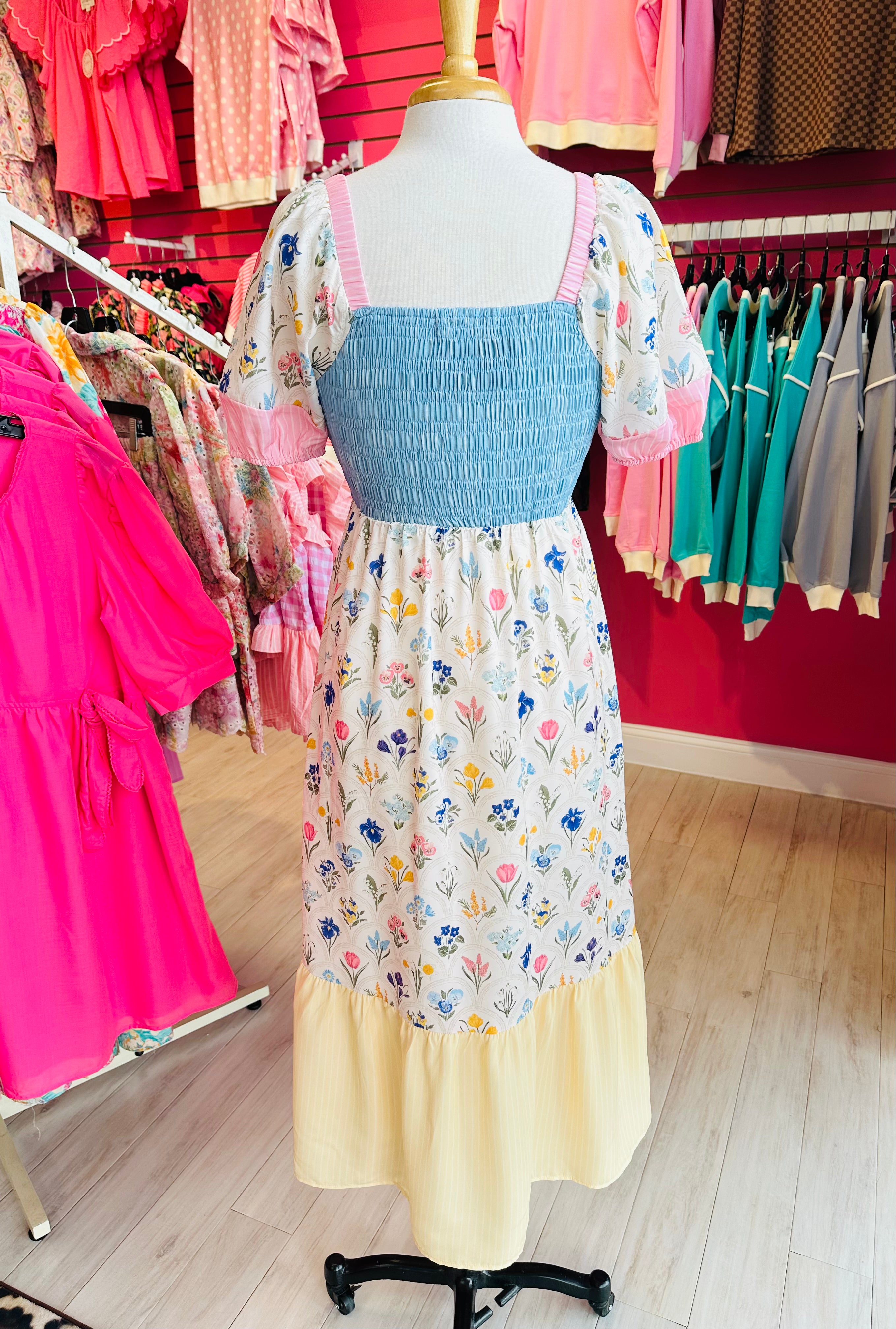 Women’s Pink and Yellow Smocked Floral Print Dress