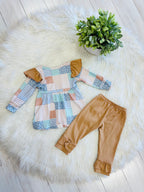 Girl’s Mixed Ruffle Patchwork Brown Pant Set