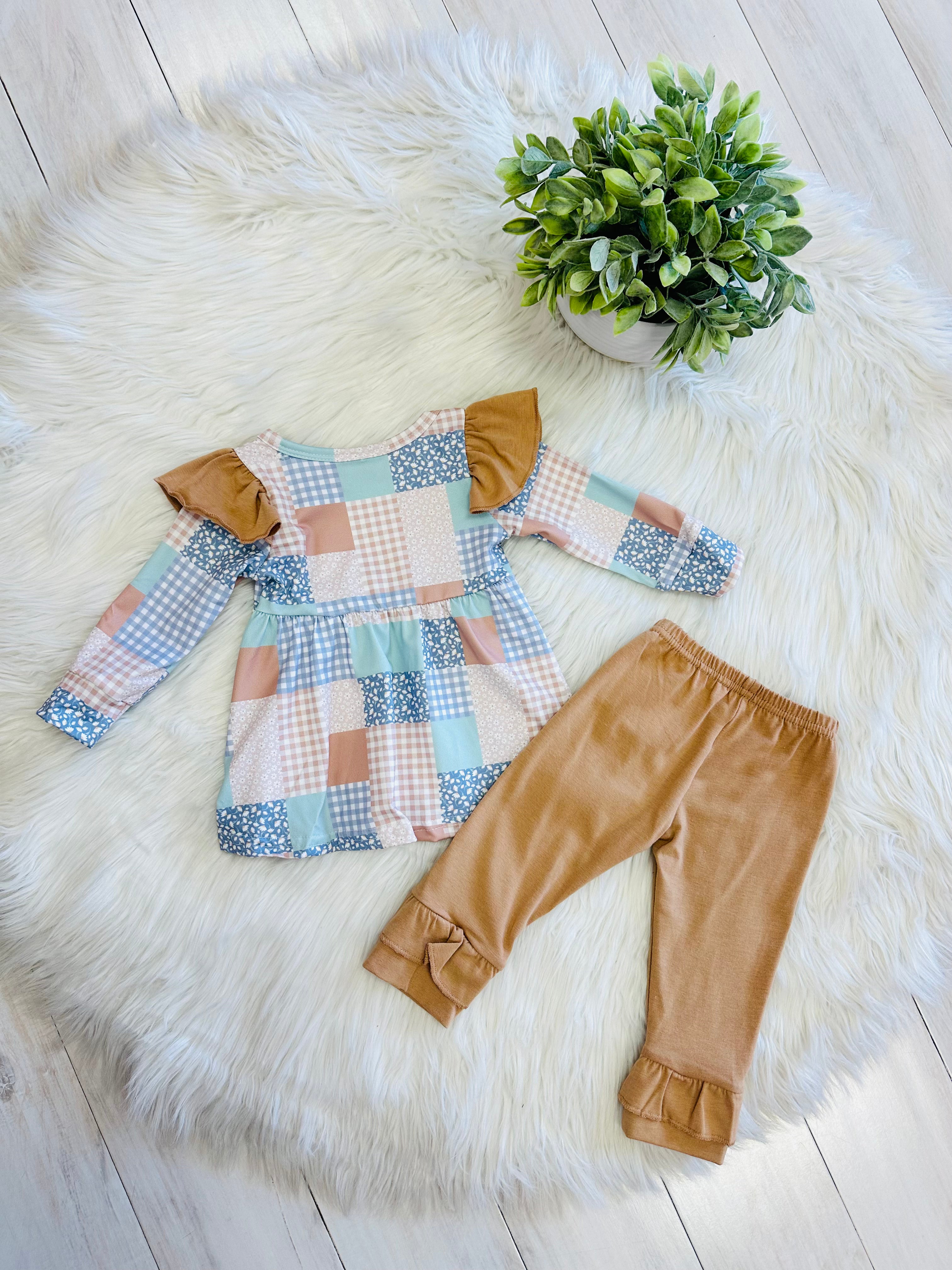Girl’s Mixed Ruffle Patchwork Brown Pant Set