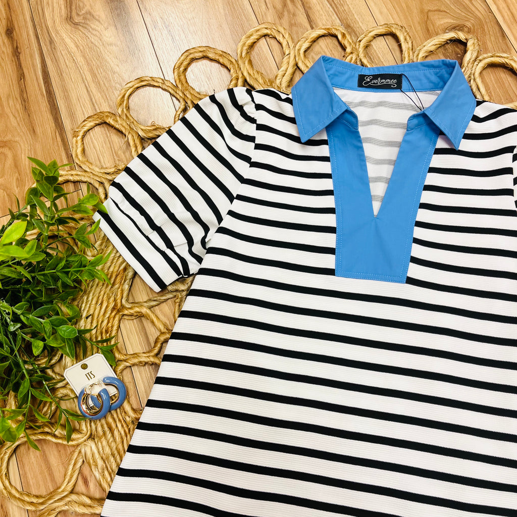 Women’s Evermmee Black and White Stripe Top with Blue Collar