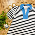 Women’s Evermmee Black and White Stripe Top with Blue Collar