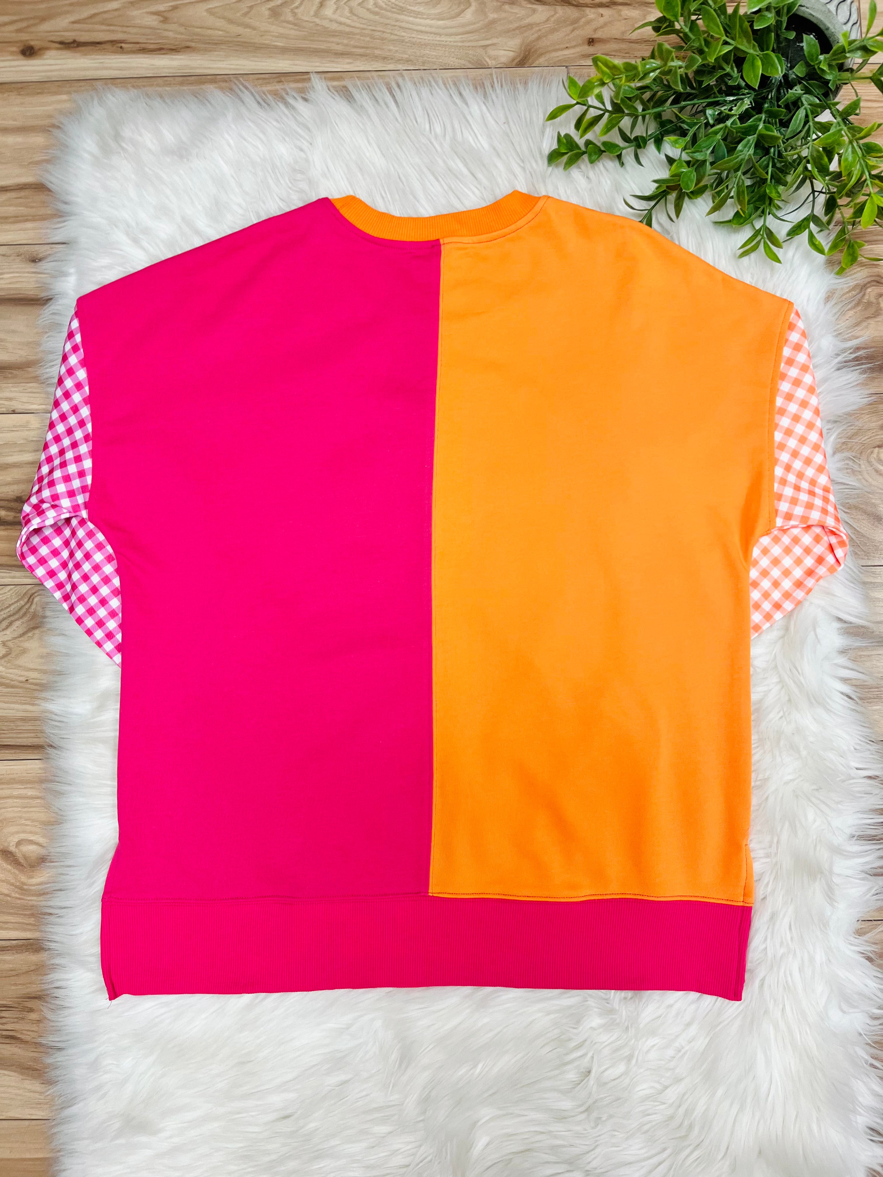 Women’s Evermmee Pink & Orange Color Block Top with Gingham Print Sleeves- True to Size