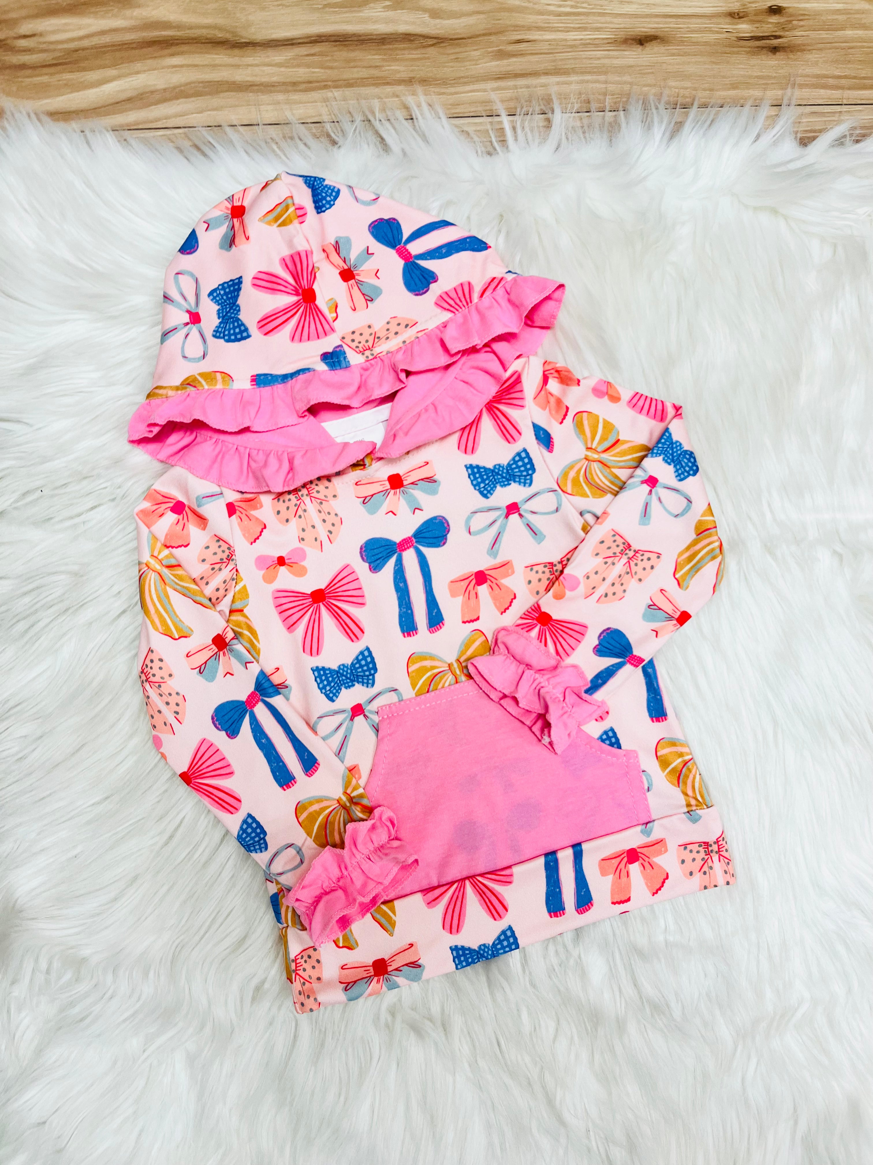 Girl’s Bow Print Hooded Outfit with Pink Ruffle Trim