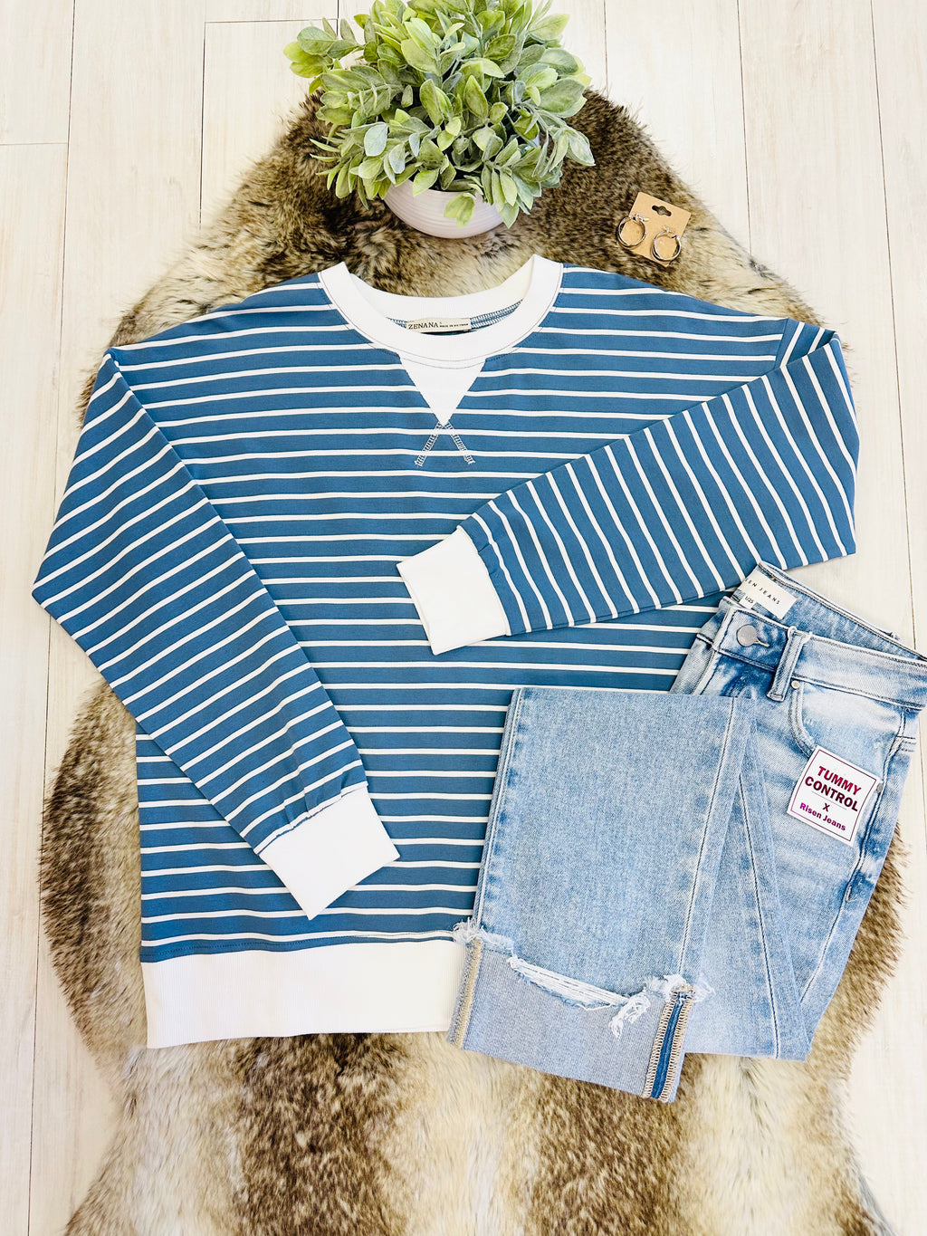 Women’s Zenana Dusty Blue Striped Long Sleeve Top with White Trim- True to Size