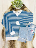 Women’s Zenana Dusty Blue Striped Long Sleeve Top with White Trim- True to Size