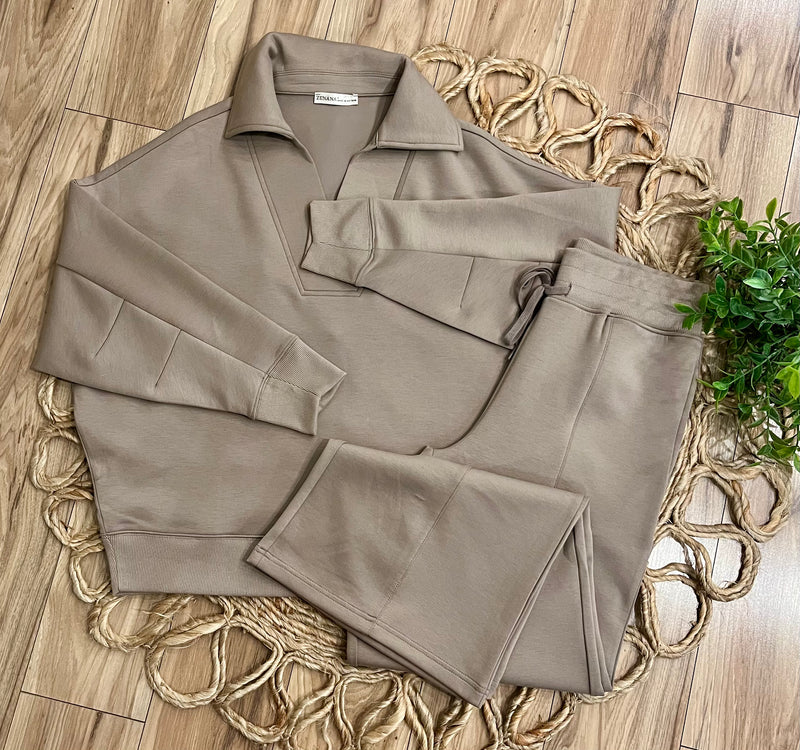 Zenana Scuba Collared Pullover Pant Set Light Brown