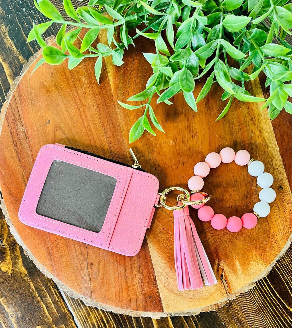 Wristlet ID Badge Zipper Pouch Keychain Pink