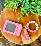 Wristlet ID Badge Zipper Pouch Keychain Pink
