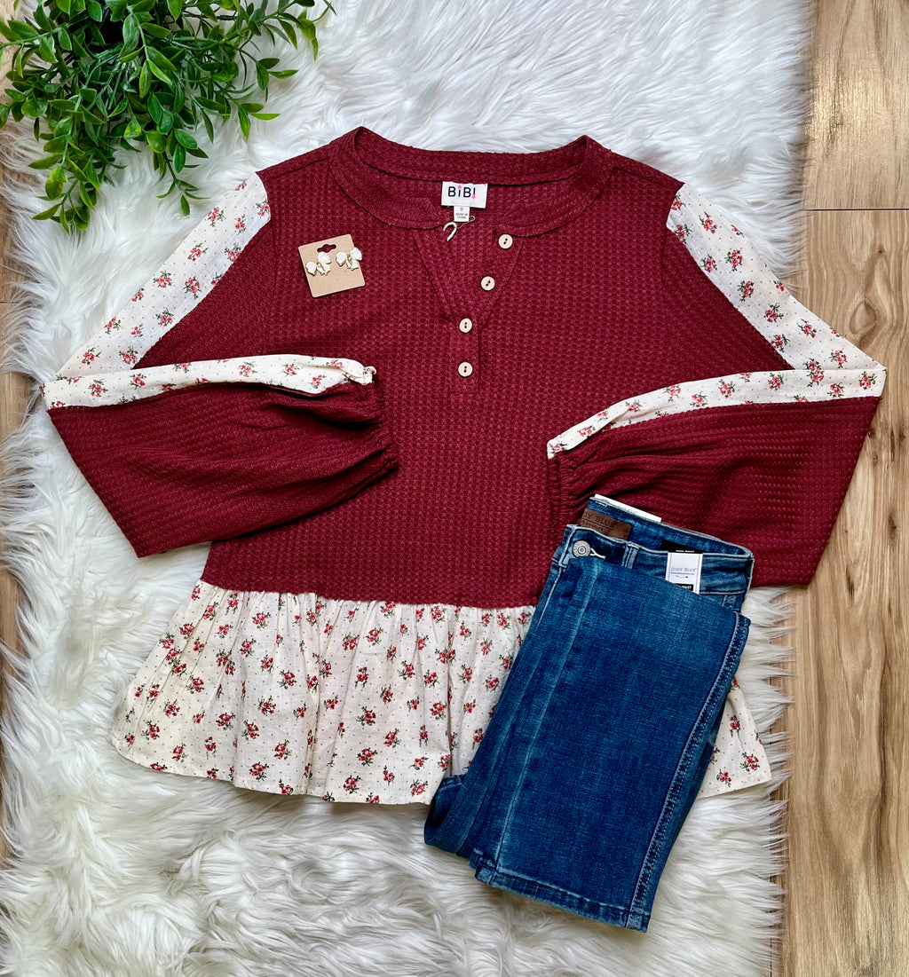 Women’s Bibi Marsala Floral Detail Top- True to Size
