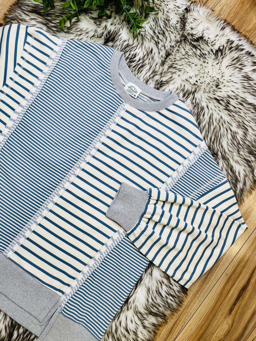 Women’s Very J Denim Blue and Cream Stripe Patch Top