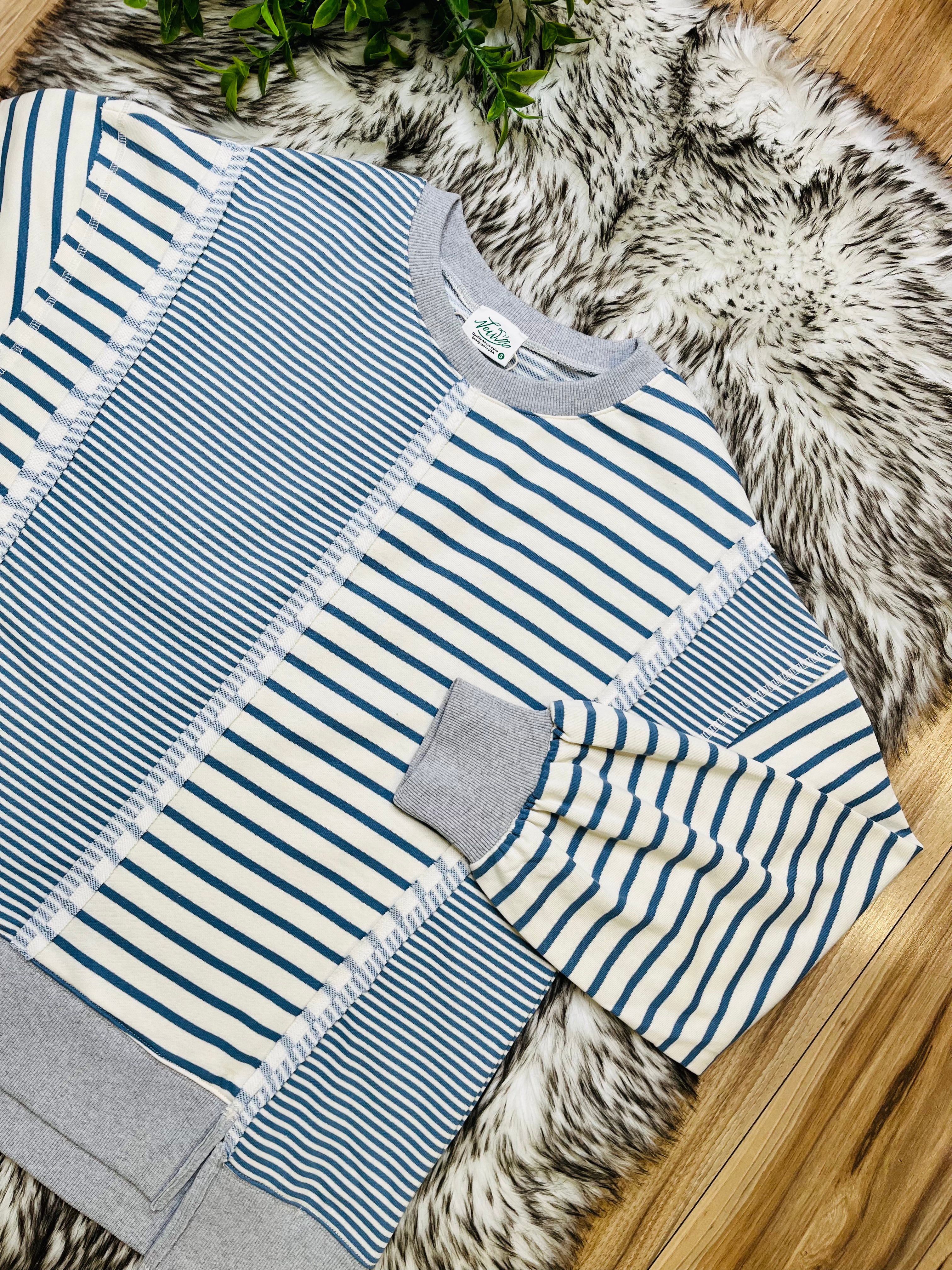 Women’s Very J Denim Blue and Cream Stripe Patch Top