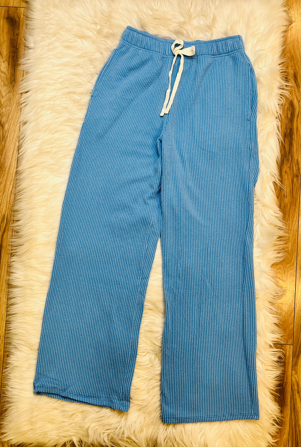 Women’s Short Sleeve Ribbed Drawstring pant sets Sky Blue