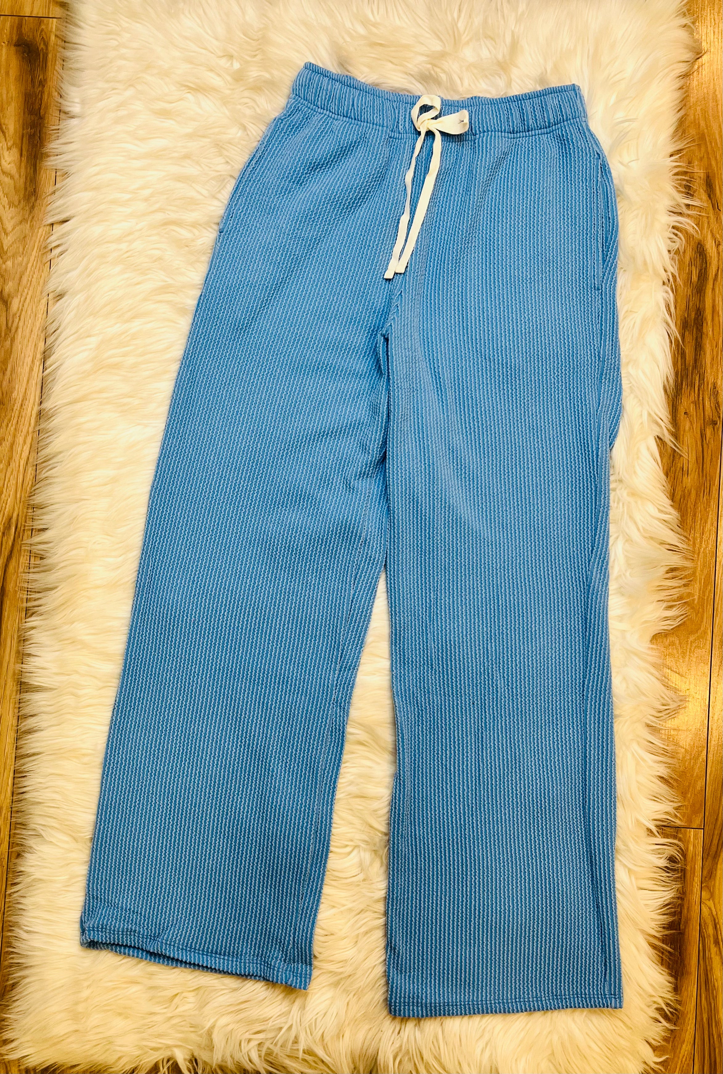 Women’s Short Sleeve Ribbed Drawstring pant sets Sky Blue