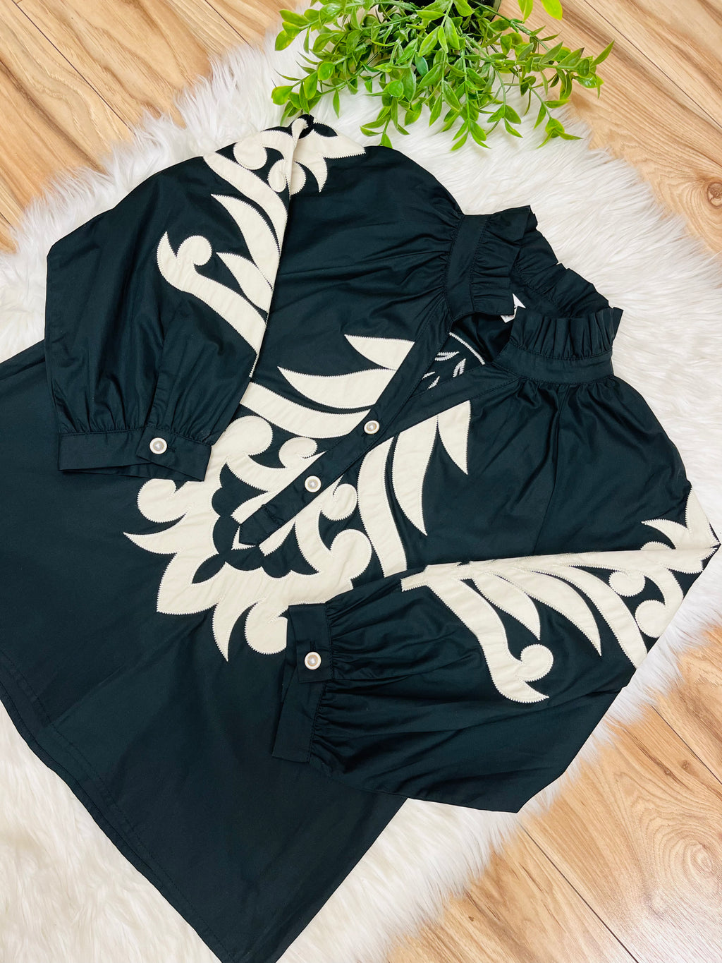 Women’s Jodifl Black Puff Sleeve Top with Taupe Embroidered Details- True to Size