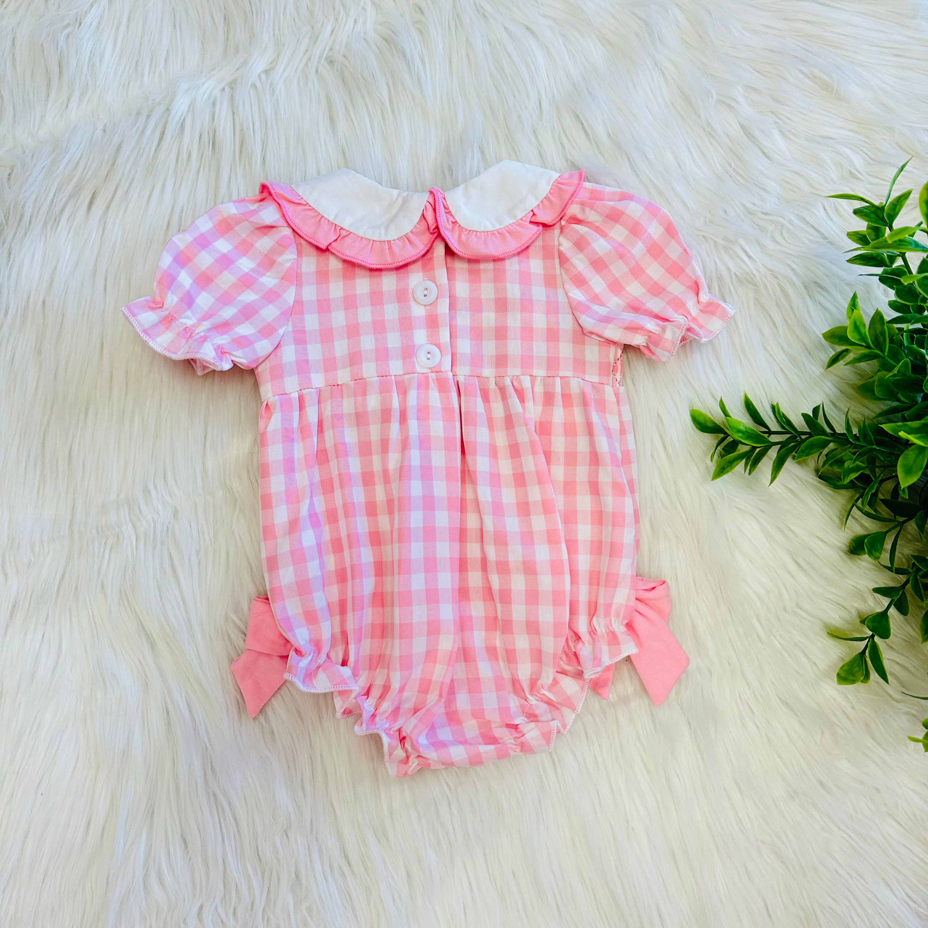 Girl’s Pretty Bows Pink Gingham Embroidered Romper