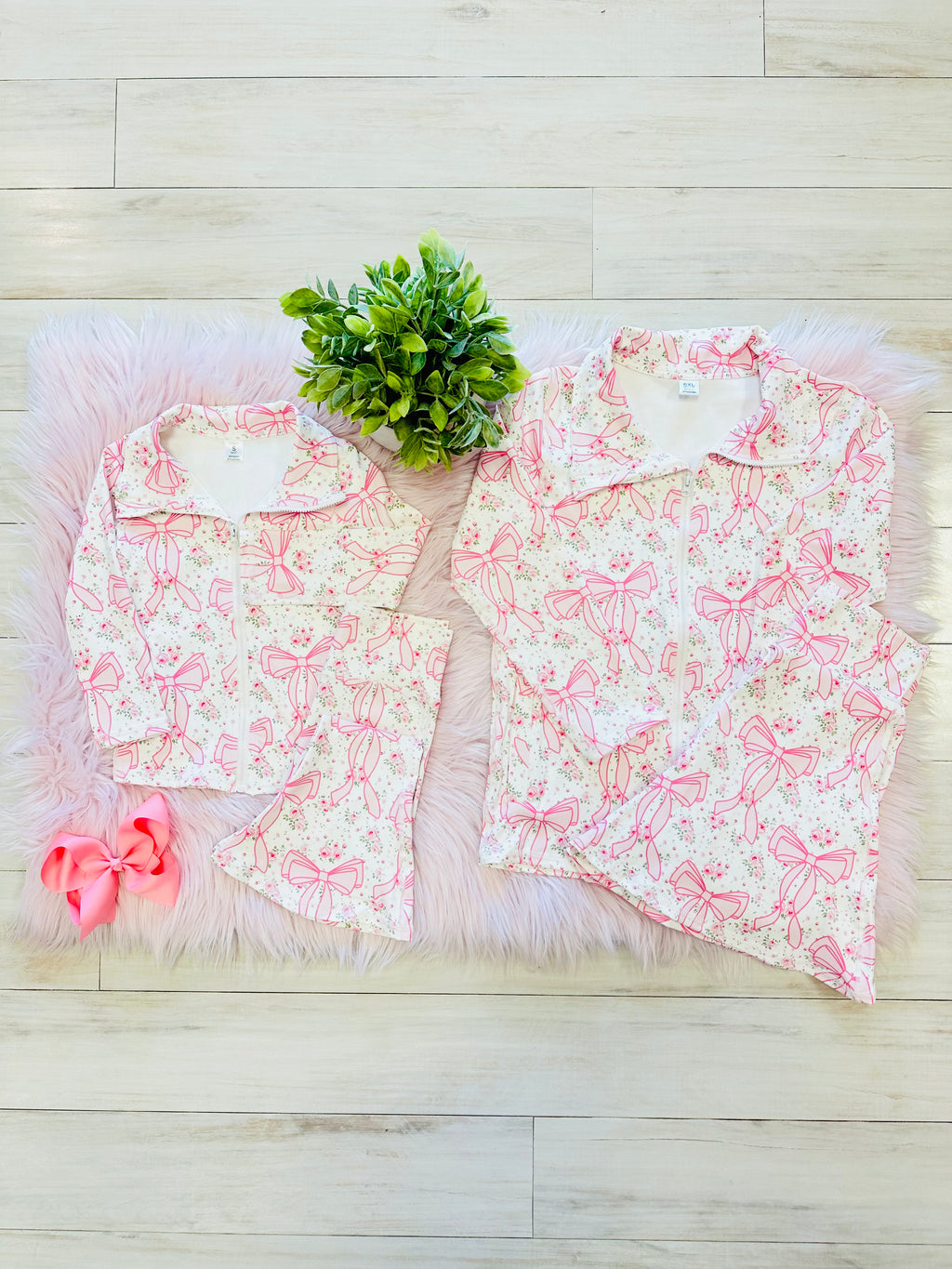 Girl’s Pink Bow Zip up Jacket and Flare Pant Set