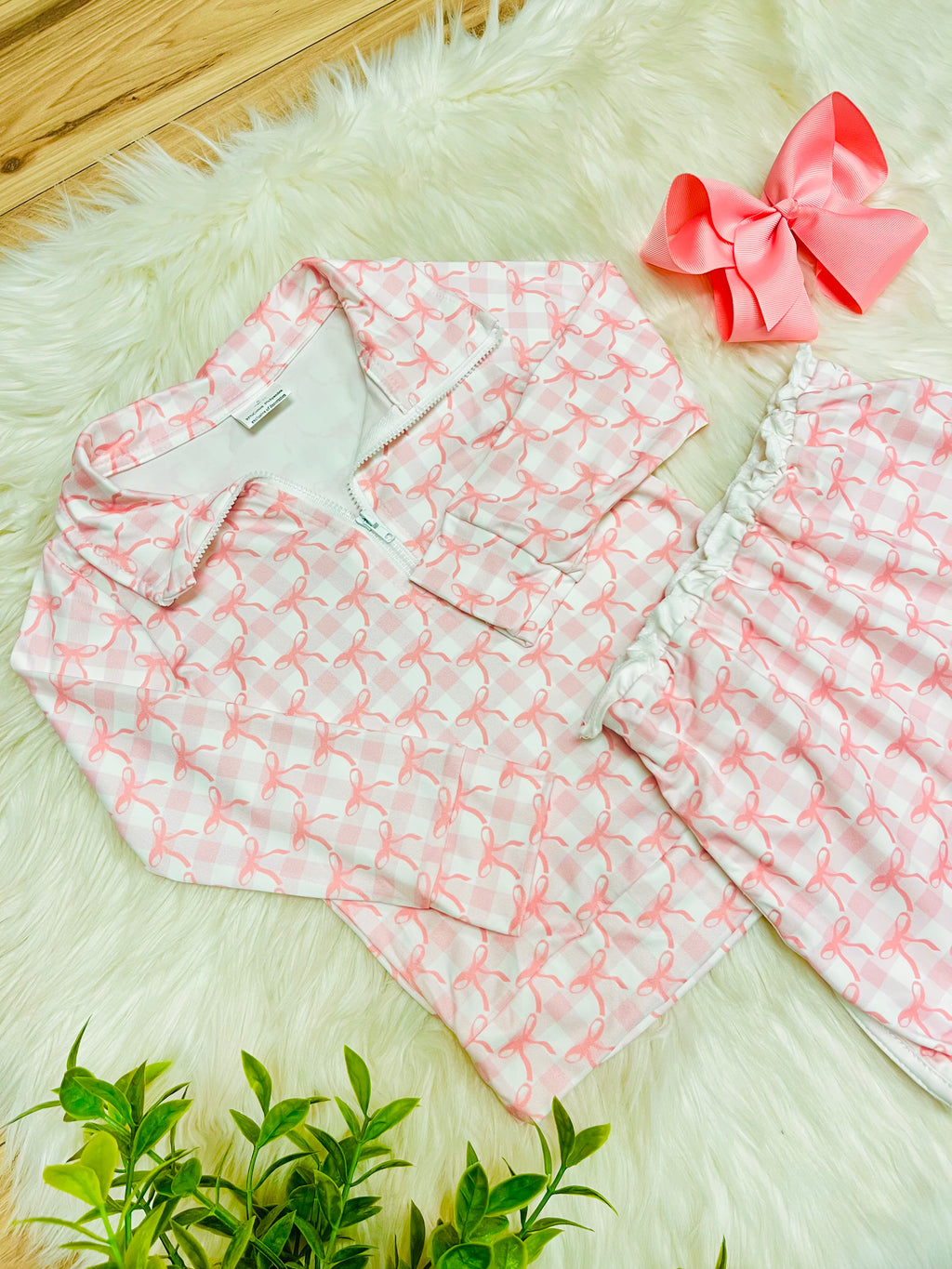Girl’s Quarter Zip Pink Gingham Bow Print Skort Outfit