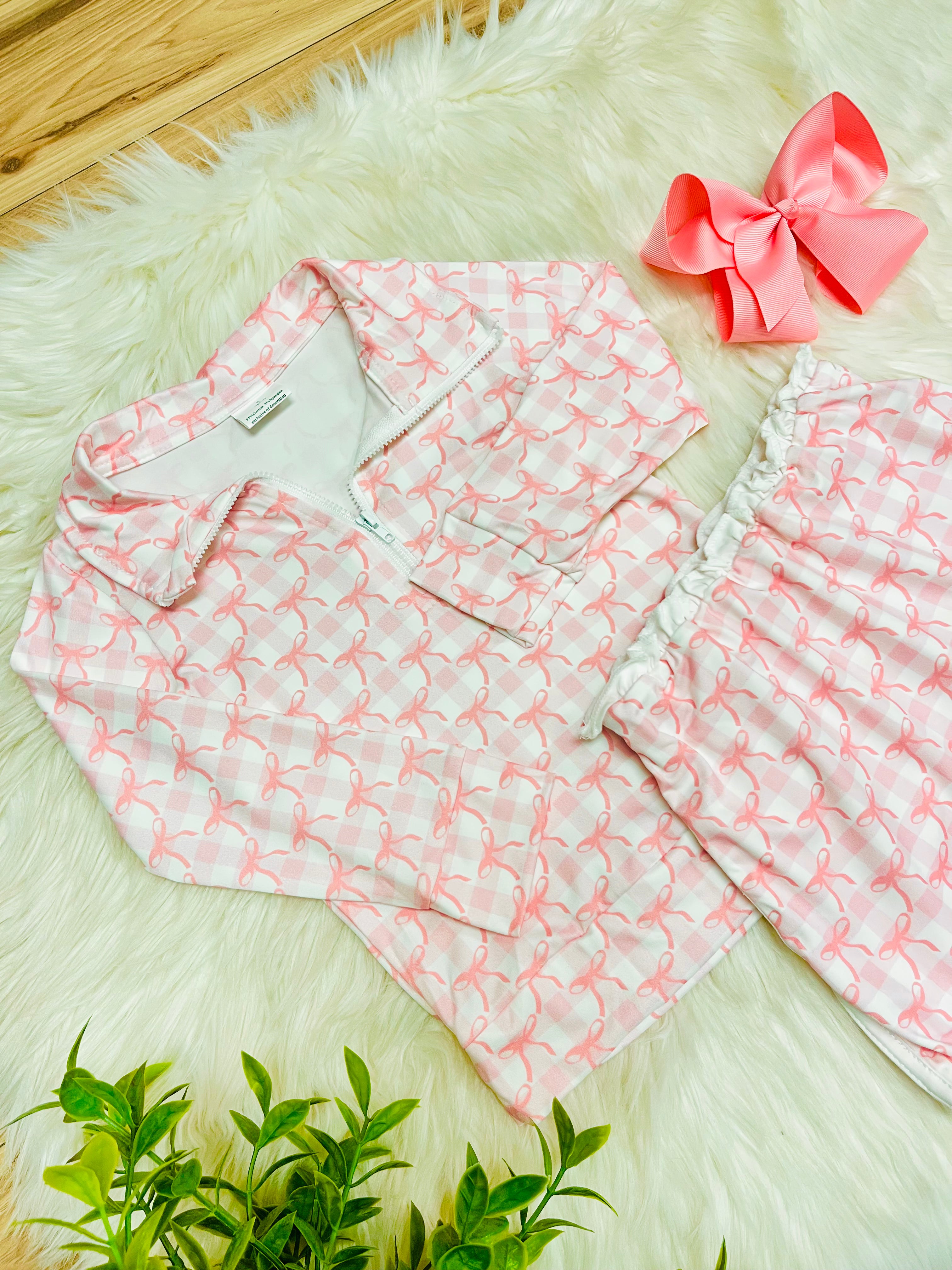 Girl’s Quarter Zip Pink Gingham Bow Print Skort Outfit