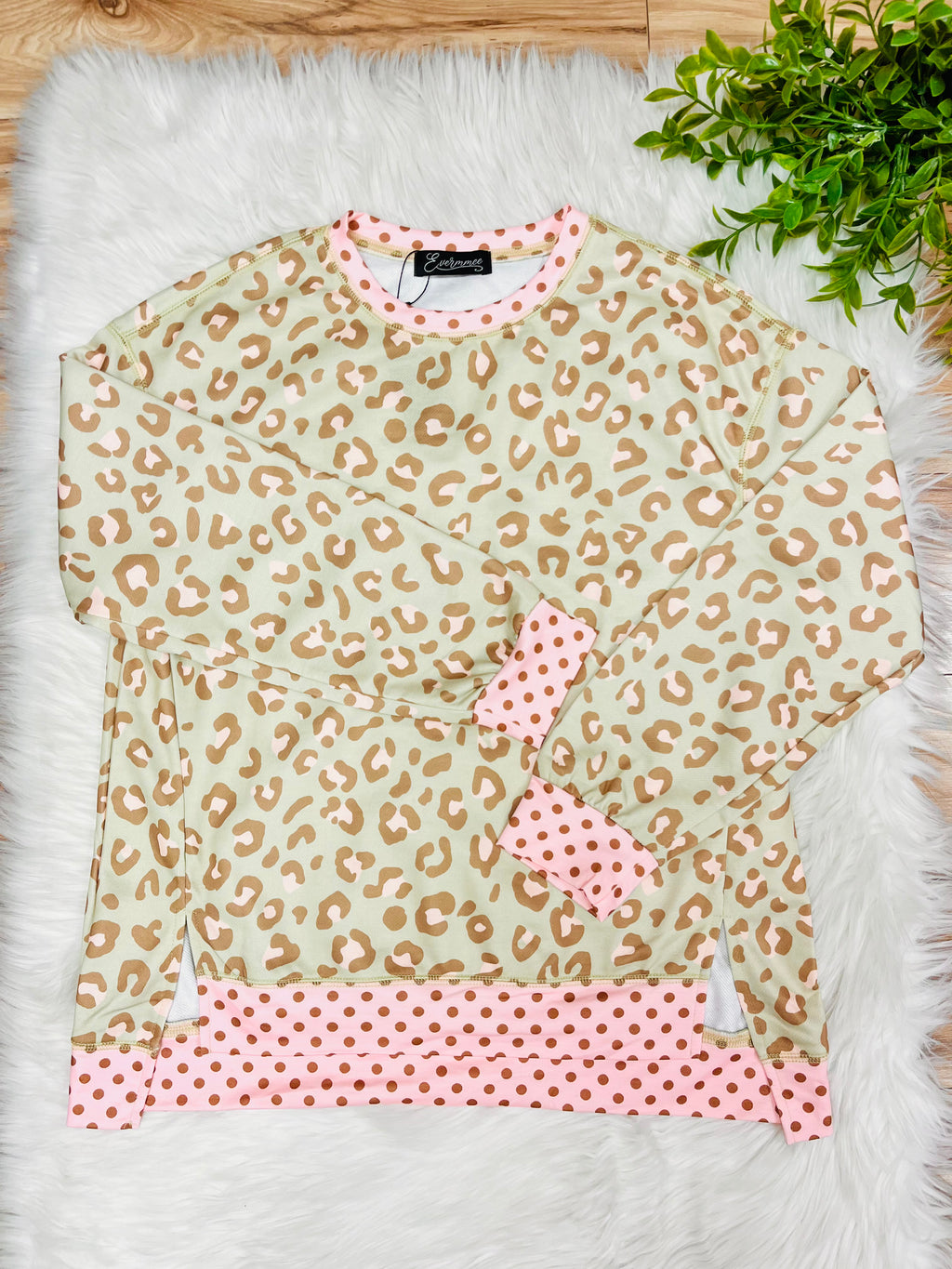 Women’s Evermmee Light Pink & Green Leopard Print Top with Polka Dot Trim- True to Size