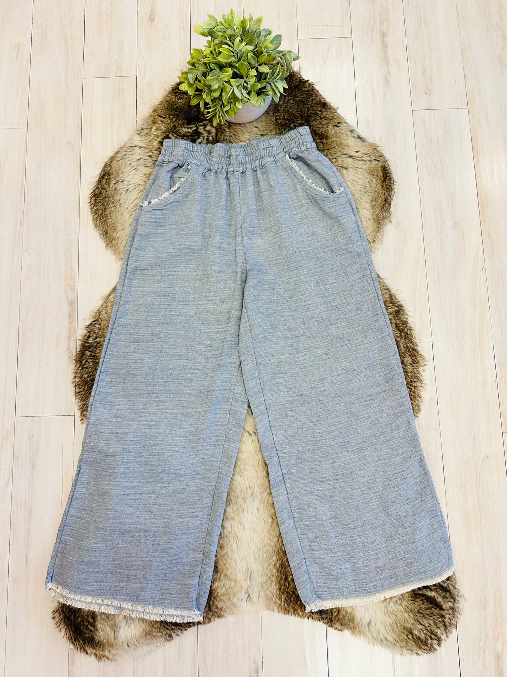 Women’s Umgee Light Blue Wide Leg Pants with Frayed Hem- Loose Fit