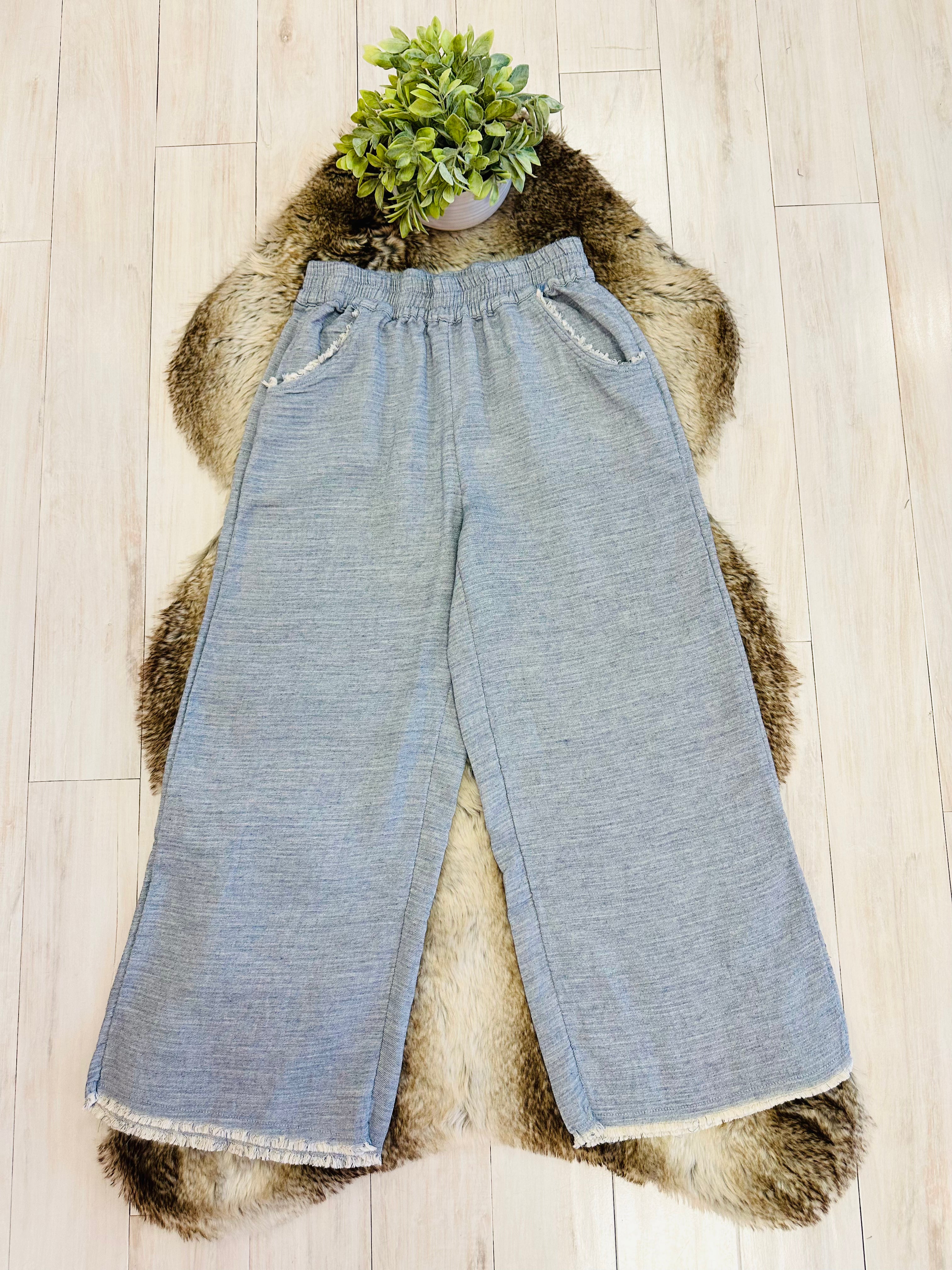 Women’s Umgee Light Blue Wide Leg Pants with Frayed Hem- Loose Fit