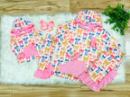 Girl’s Bow Print Hooded Outfit with Pink Ruffle Trim