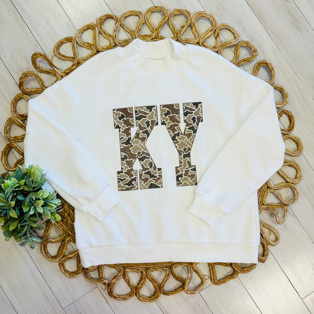 Women’s Evermmee Reversible White Kentucky Crewneck with Camo Print