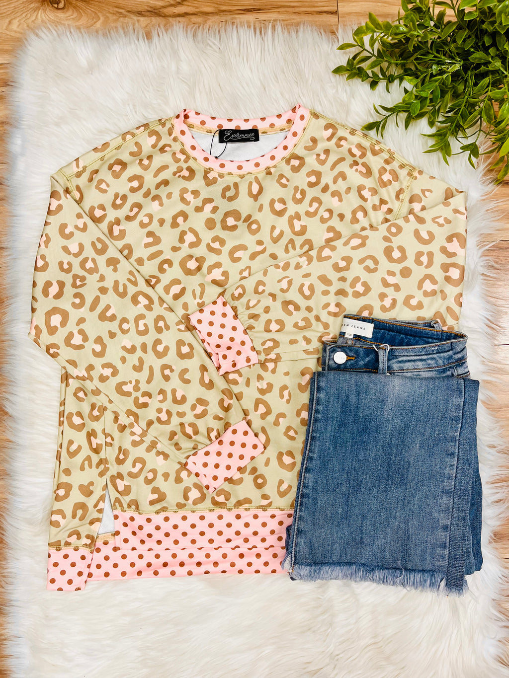 Women’s Evermmee Light Pink & Green Leopard Print Top with Polka Dot Trim- True to Size