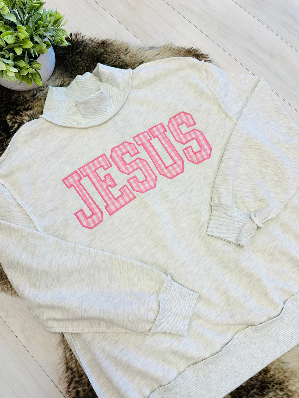 Women’s Pink Gingham Print Embroidered Jesus Mockneck Pullover Top