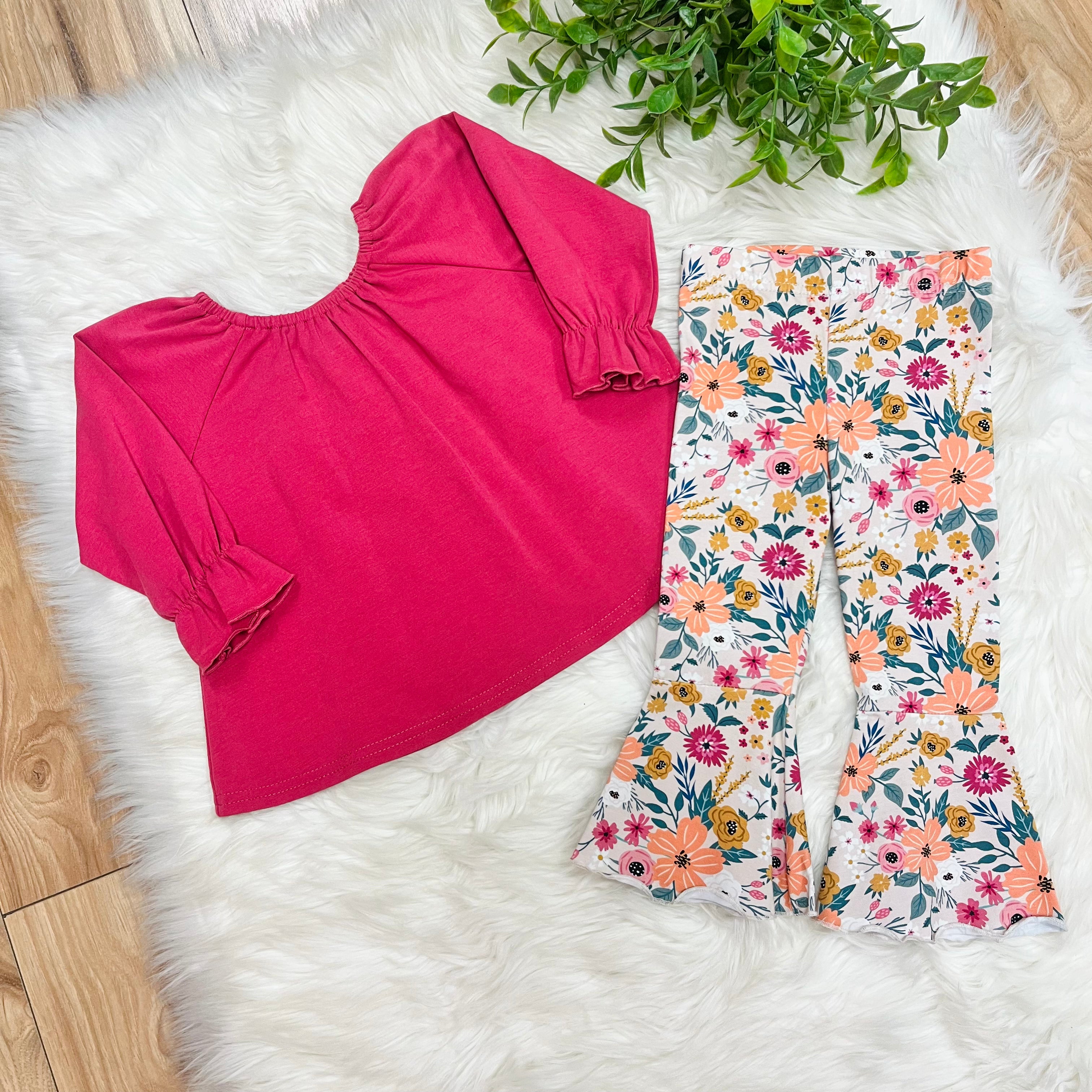 Girl’s Burgundy Floral Flare Pant Set