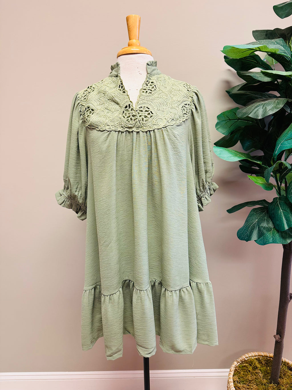 Women’s Umgee Sage Mini V Neck Dress with Lace Crochet Detail- Loose Fit