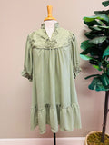 Women’s Umgee Sage Mini V Neck Dress with Lace Crochet Detail- Loose Fit