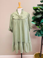 Women’s Umgee Sage Mini V Neck Dress with Lace Crochet Detail- Loose Fit